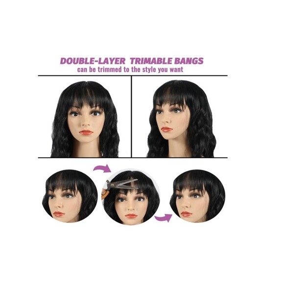 Black Wavy Bob Wig w/ Bangs – Natural-Looking Synthetic Hair, Heat-Resistant NEW - Picture 4 of 5